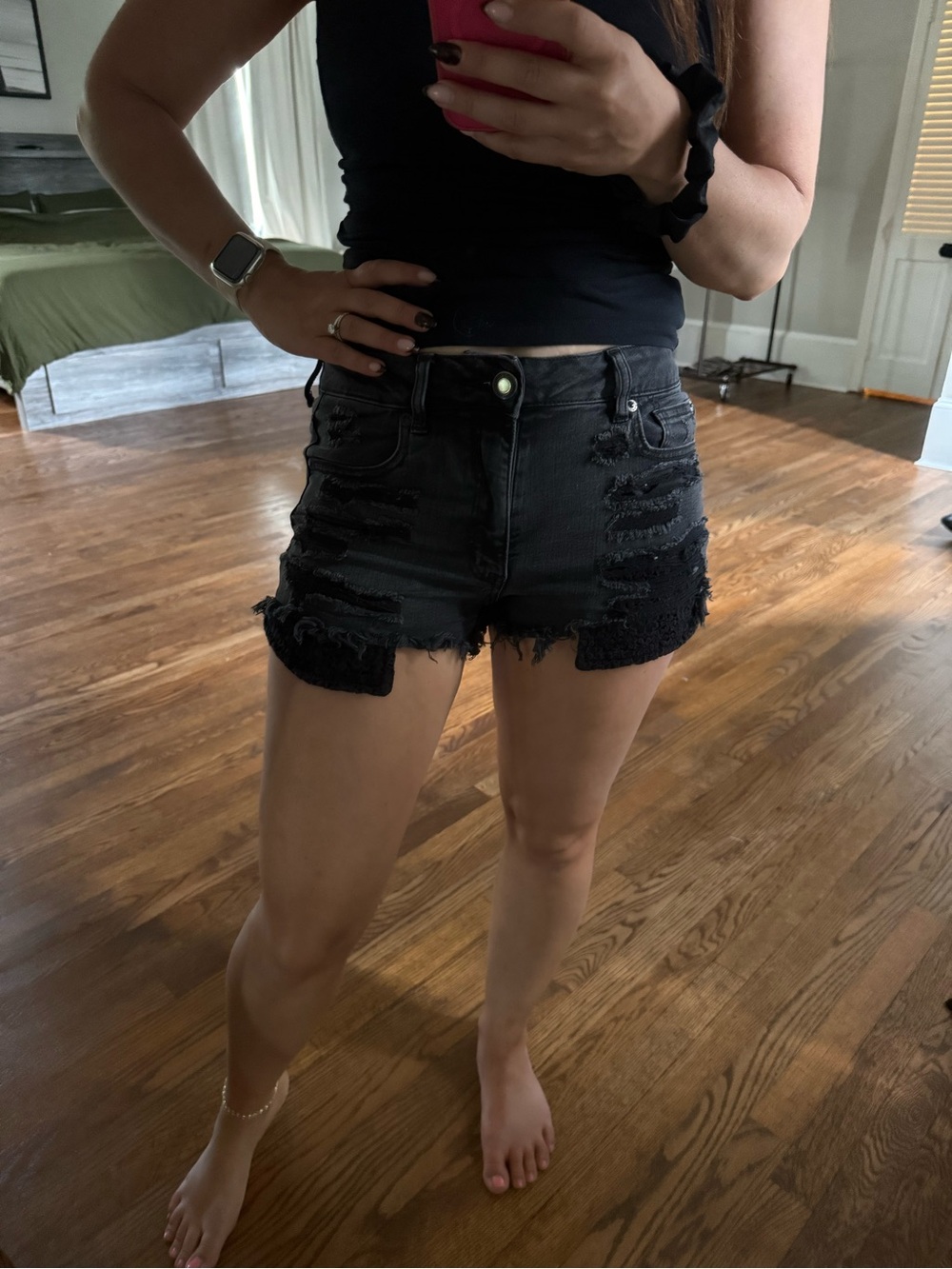 American Eagle black distressed high rise shortie